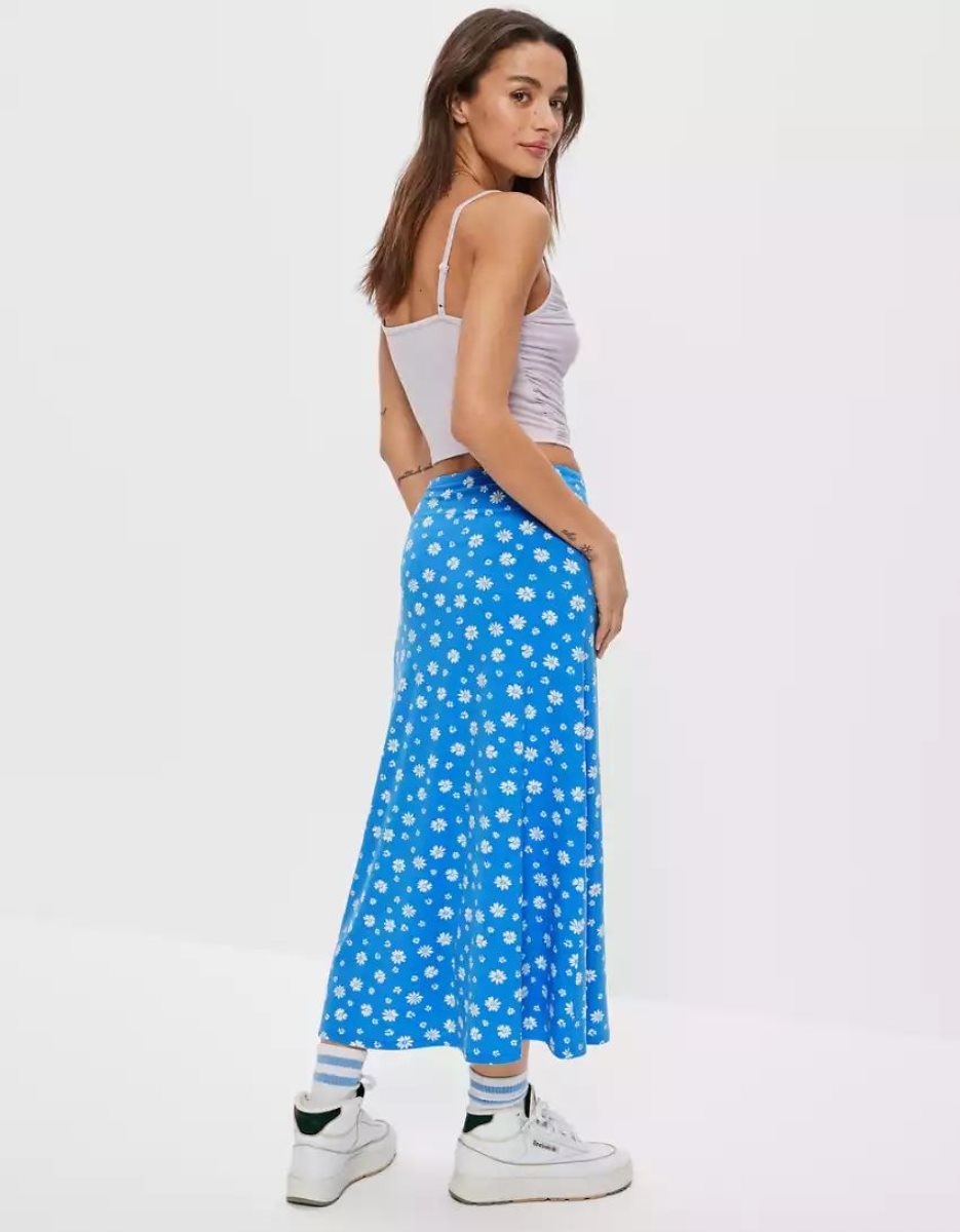 Jupes American Eagle AE Floral Ruched Midi Bleu Femme | XUY-07801437